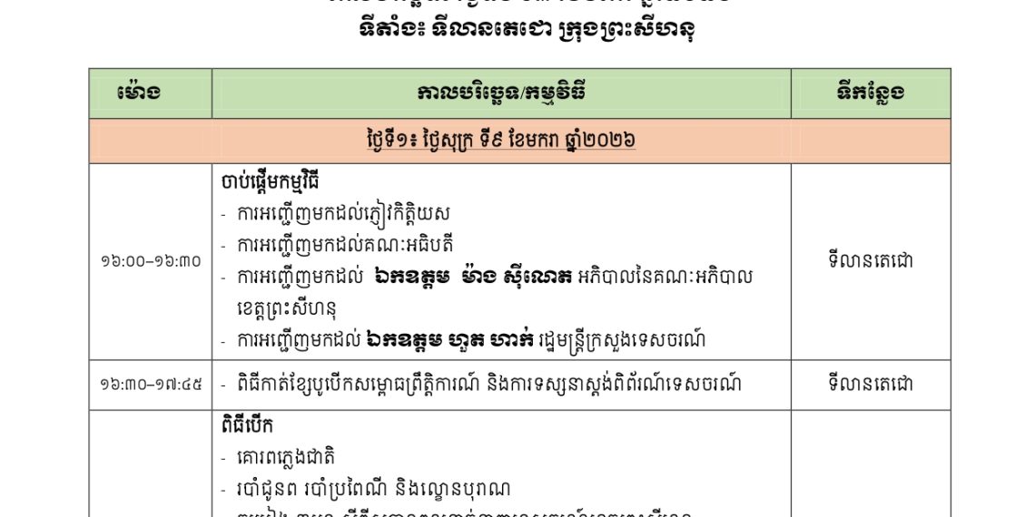 កម្មវិធី រៀបចំព្រឹត្តិការណ៍ទេសចរណ៍វប្បធម៌ ថ្ងៃទី៩-១៣ ខែមករា ឆ្នាំ២០២៦ នៅ ទីលានតេជោ ក្រុងព្រះសីហនុ